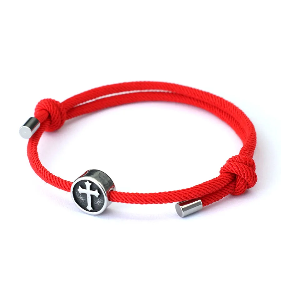 Stainless Steel Viking Cross Mens Bracelet Adjustable Rope