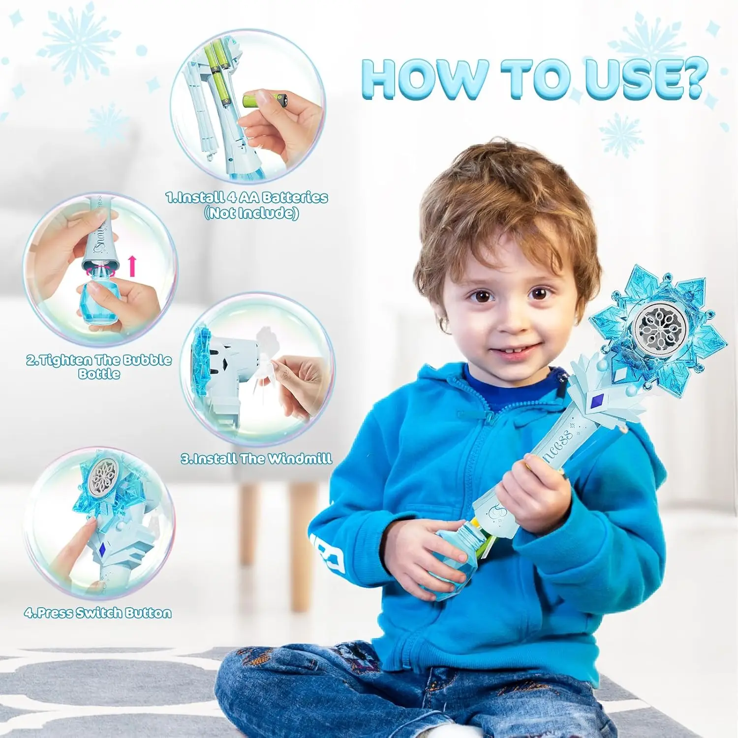 VATOS Bubble Wands X2 for Kids Auto Snowflake Bubble Blower Light & Music Bubble Machine with 2 Windmill Outdoor Toy Girls Boys 3