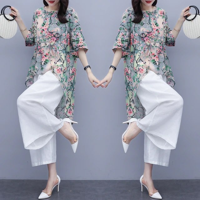 Cotton Linen Summer Suit Female Set 2  Linen Pants Women Outfit Clothes -  Summer - Aliexpress