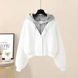 Autumn Cardigan Short Baseball Jacket Hooded Jacket loose Stitched Top Women's Wear