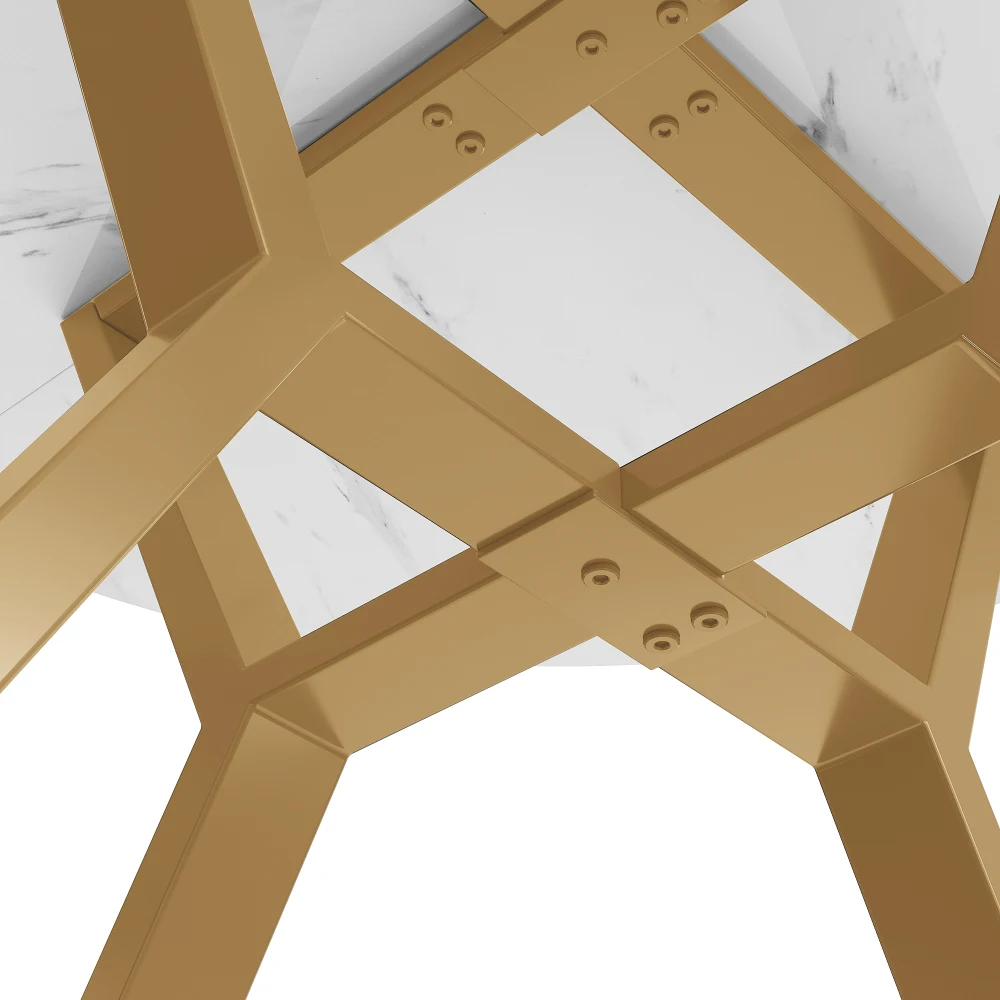 Moderner und einfacher runder Marmor-Esstisch (Durchmesser 1 m), X-förmiger Couchtisch mit Metallhalter, stabil und langlebig – Detail 8