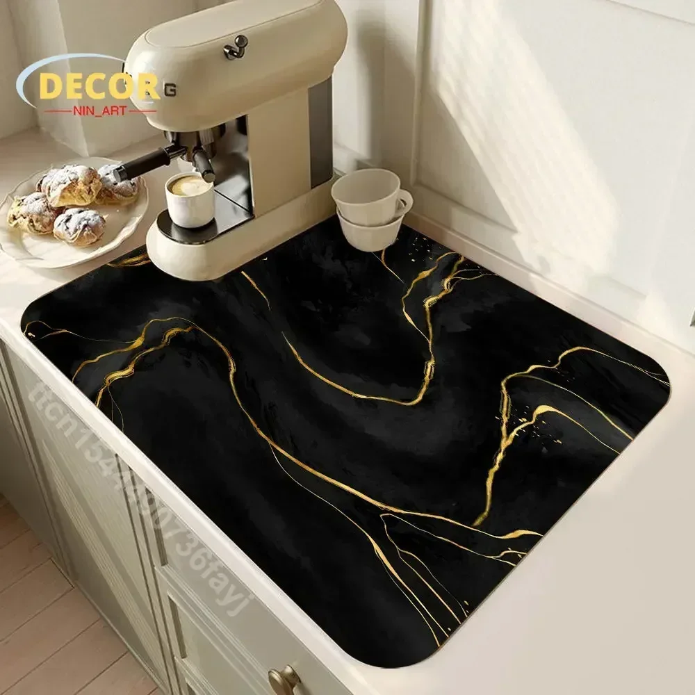 Black Marbling Super Absorbent Tableware Dish Drying Mat Kitchen Bottle Anti-slip Rug Luxury Kettle Dinnerware Bar Counter Tool