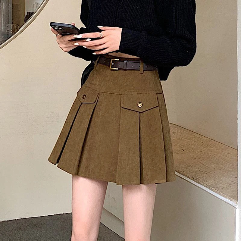 Autumn Winter High Waist Pleated A-line Corduroy Mini Skirt Female Casual Fashion Solid Color Vintage Skirts Women's Clothing