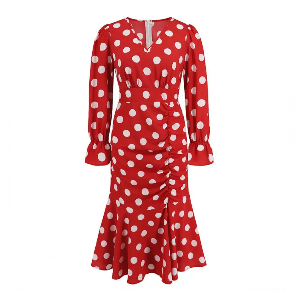 

Slim Fit Midi Dress Elegant Dot Print V Neck Fishtail Midi Dress with Pleated Patchwork Slim Fit Waist for Women Slim Fit Dot