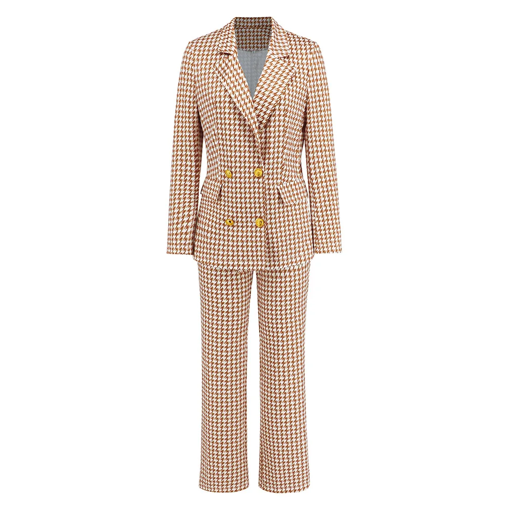 

New Women's 2-piece Set Plaid Double Breasted Suit Blazer/jacket + Slim Fit Straight-leg Trouser/pants Suit Ladies Work Clothing
