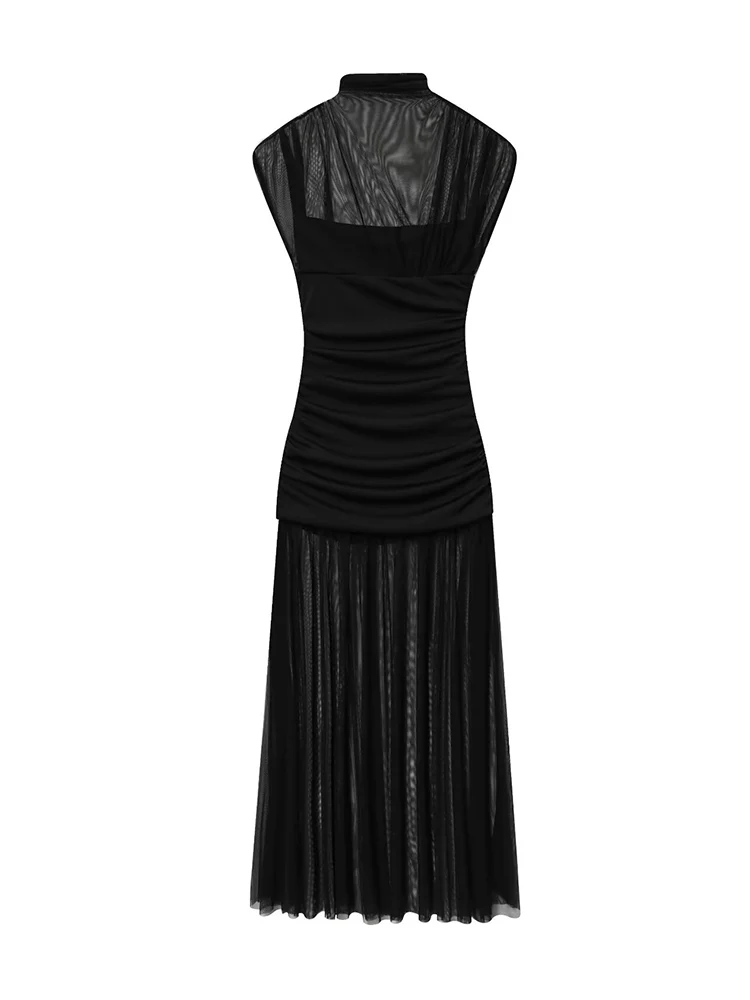 2026 New Women Spliced Mesh Maxi Dress Fashion Sheer Turtleneck Folds Design Sleeveless Elegant Slim Fashion Party Dresses Lady