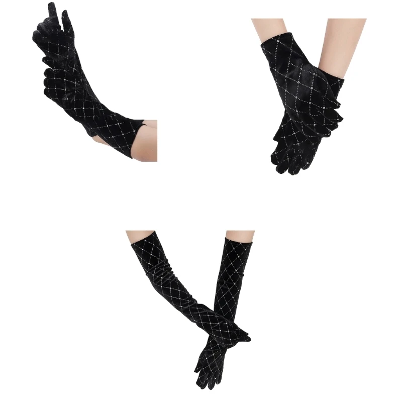 Rhinestones Gloves For Women Stage Performances Black Stretchy Long Mittens