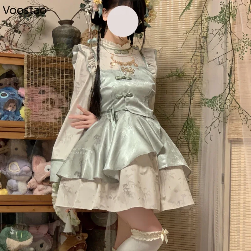 Chinese Style Vintage Lolita Princess Dress Women Elegant Gothic Bamboo Leaf Print Cheongsam Mini Dresses Sweet Y2k Vestidos