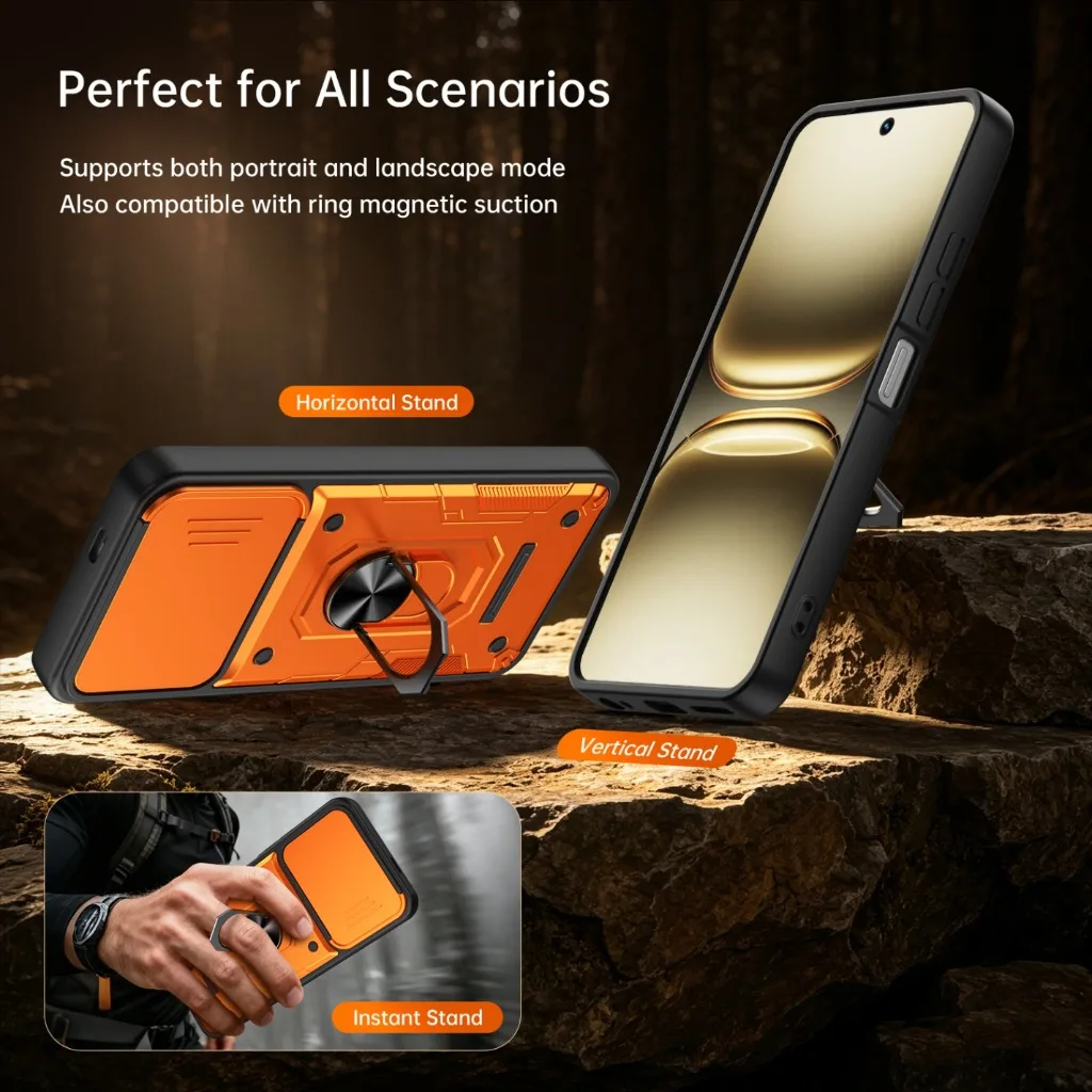 Shockproof Armor Phone Case with Slide Camera Protection and 360° Ring Holder Cover