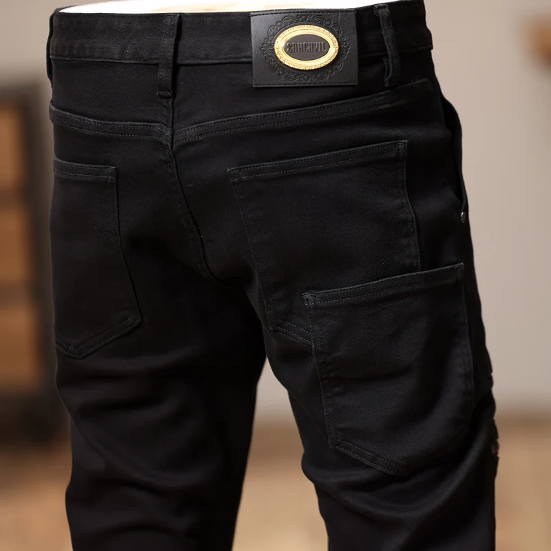 Street Fashion Men Jeans Black Stretch Skinny Hip Hop Jeans Zipper Pocket Designer Elastic Denim Pencil Pants Men Punk Trousers
