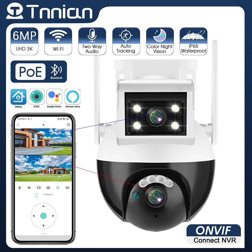 

Камера Наружного видеонаблюдения Tnnian ICSEE PRO, 2 камеры, 6 МП, PTZ, Wi-Fi, ии, датчик присутствия, POE, IP, двойной экран