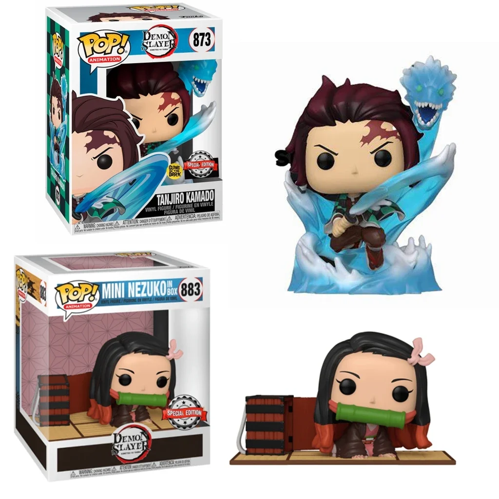 thumbnail image 1 of FUNKO POP Animación Demon Slayer TENJIRO KAMADO 873# Juguetes que brillan en la oscuridad MINI NEZUKO en caja 883# Figura de vinilo Modelo Muñeca de juguete, 1 of 5
