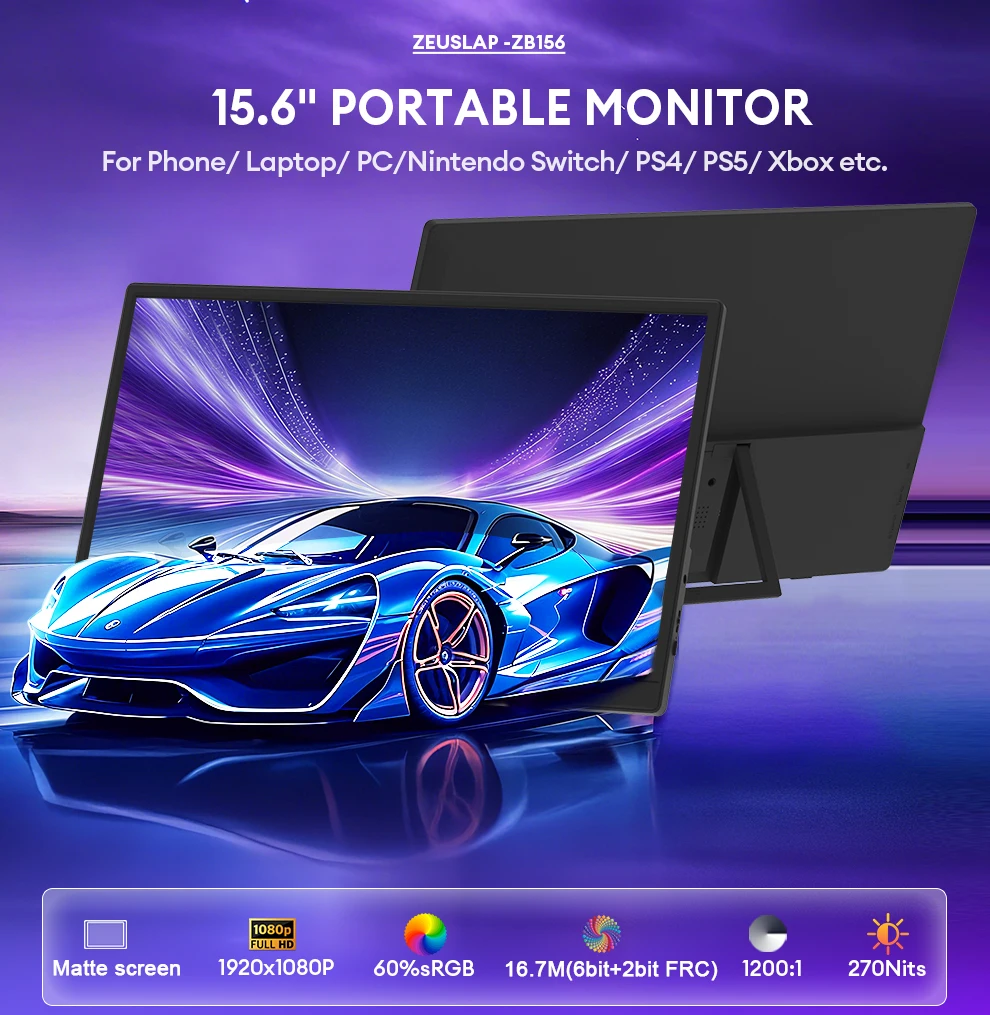 Portable Monitor - ZEUSLAP 15.6 Inch Full HD IPS Panel USB-C HDMI Display