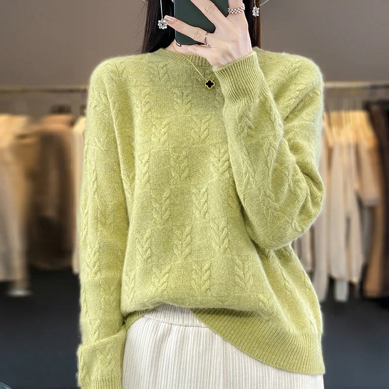 

2023 autumn and winter new sweater ladies 100% pure wool O-neck solid color loose fashion thick warm knitted sweater