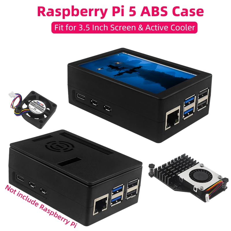 Sleek Black & Silver Raspberry Pi 5 ABS Case with Optional Cooling Fan & Screen Support