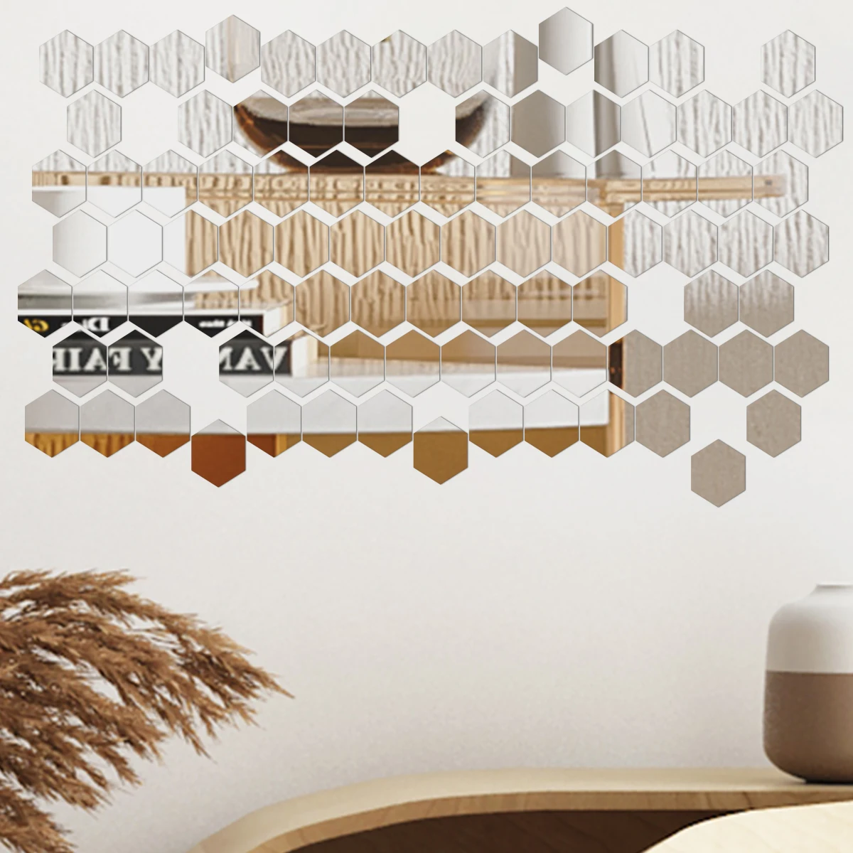 48PCS Hexagon Acrylic Mirror Wall Sticker Self-adhesive Removable Hexagon Decals Mirror Wall Home Room Decoration Mirror
