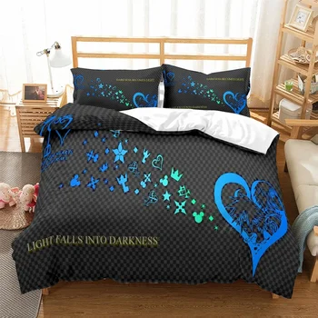 Set biancheria da letto con motivo a cuore blu Set biancheria da letto di lusso Kingdom Heart Set copripiumino alla moda Set letto Blcak con federa