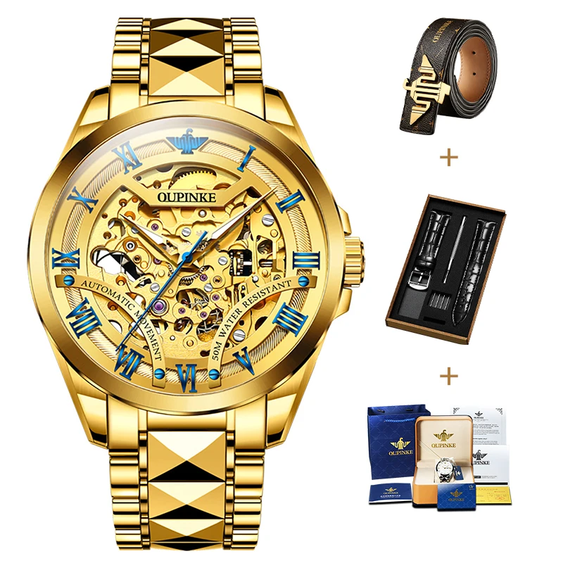 OUPINKE Top Brand Skeleton Watch for Man Luxury Automatic Mechanical Watch Japan Movement Waterproof Steel strap Wristwatch 