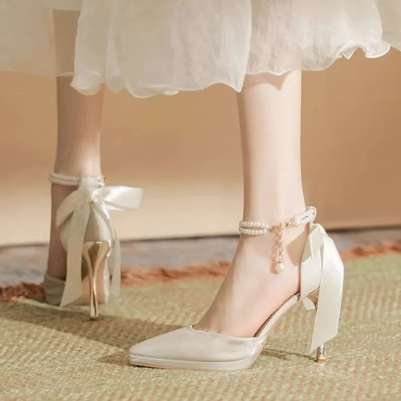 Women's Pumps Elegant White Pearls Ankle Strap Wedding Party High-heeled Vintage Pointed Silk Back Bowtie Stiletto Shoes