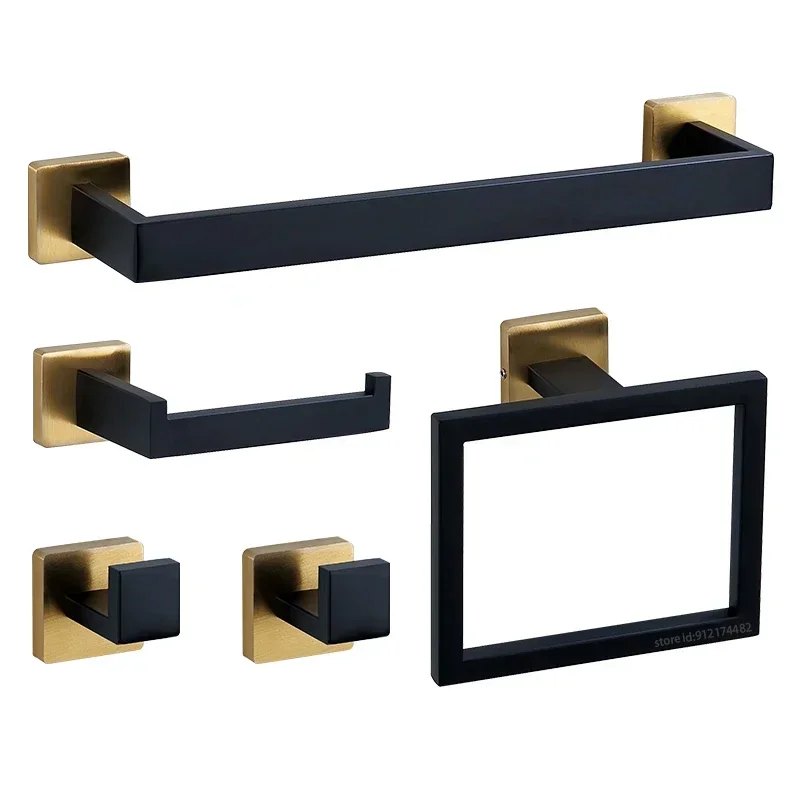 Black Gold Bathroom Hardware Set Wall Mount Stainless Steel Towel Bar Towel Ring Paper Holder Robe Hook Bathroom Accessories Set