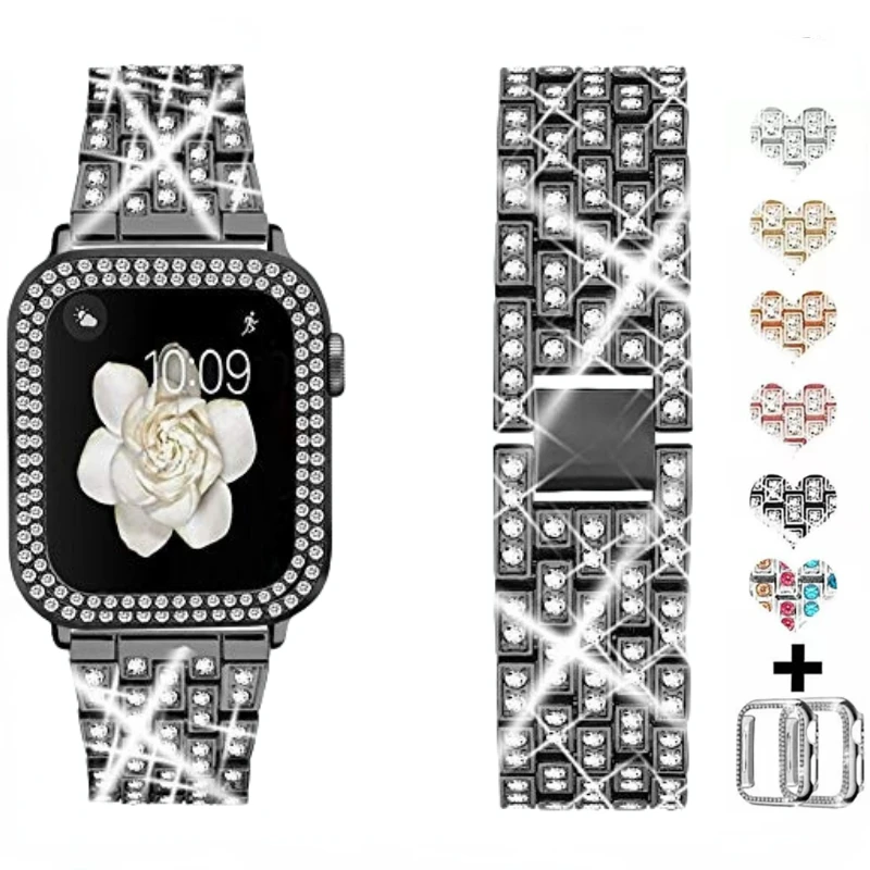 

Strap + Case For Apple Watch 44mm 40mm 45mm 41mm 42mm 38mm Metal Diamond Wristband iWatch Series 8 7 6 5 4 3 SE Protective shell