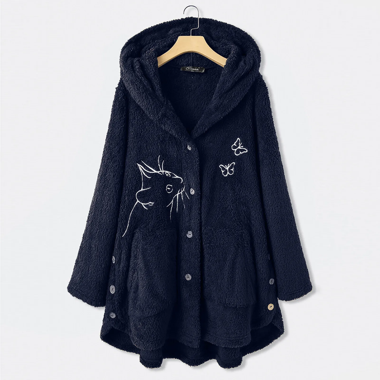 Women Cat And Butterfly Printed Button Plush Tops Hooded Loose Cardigan Wool Coat Winter Jacket Coats Casual Warm Fleece Coat