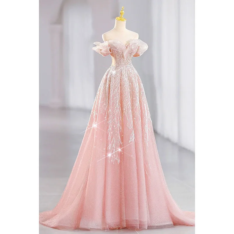 Elegant Pink Fleeing Princess Evening Gown Women's High-End Luxury Engagement Toasting Dress Slimming Long Wedding Dress