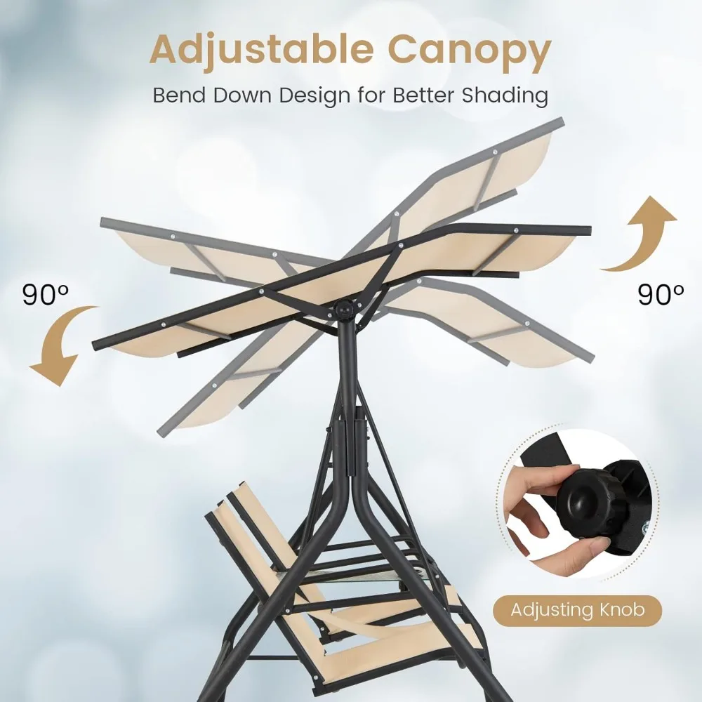 2 Person Porch Swing,  Outdoor Swing with Tempered Glass Table, 2 Cup Holder,  Patio Swing with Adjustable Canopy 4