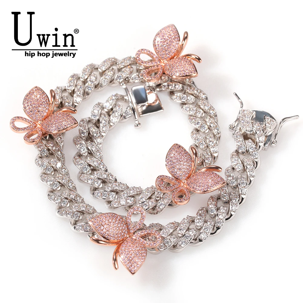 Uwin 12mm Rotate Butterfly Cuban Chain Two Tone Miami Link Iced Out Pave Setting Bling Necklace Women Accessories Jewelry