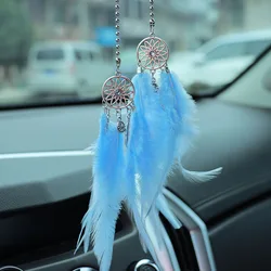 Colorful Mini Dream Catcher Rearview Mirror Charm with Double Wind Chimes - Car Interior Decor Pendant (2pcs blue)