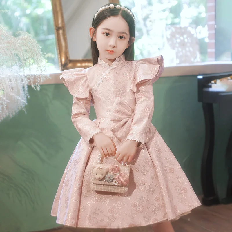 

Girls evening dress Pink Long sleeve printing Girls Dress for Party Wedding Dress bow Baby Princess Dress Autumn new Kids Dress