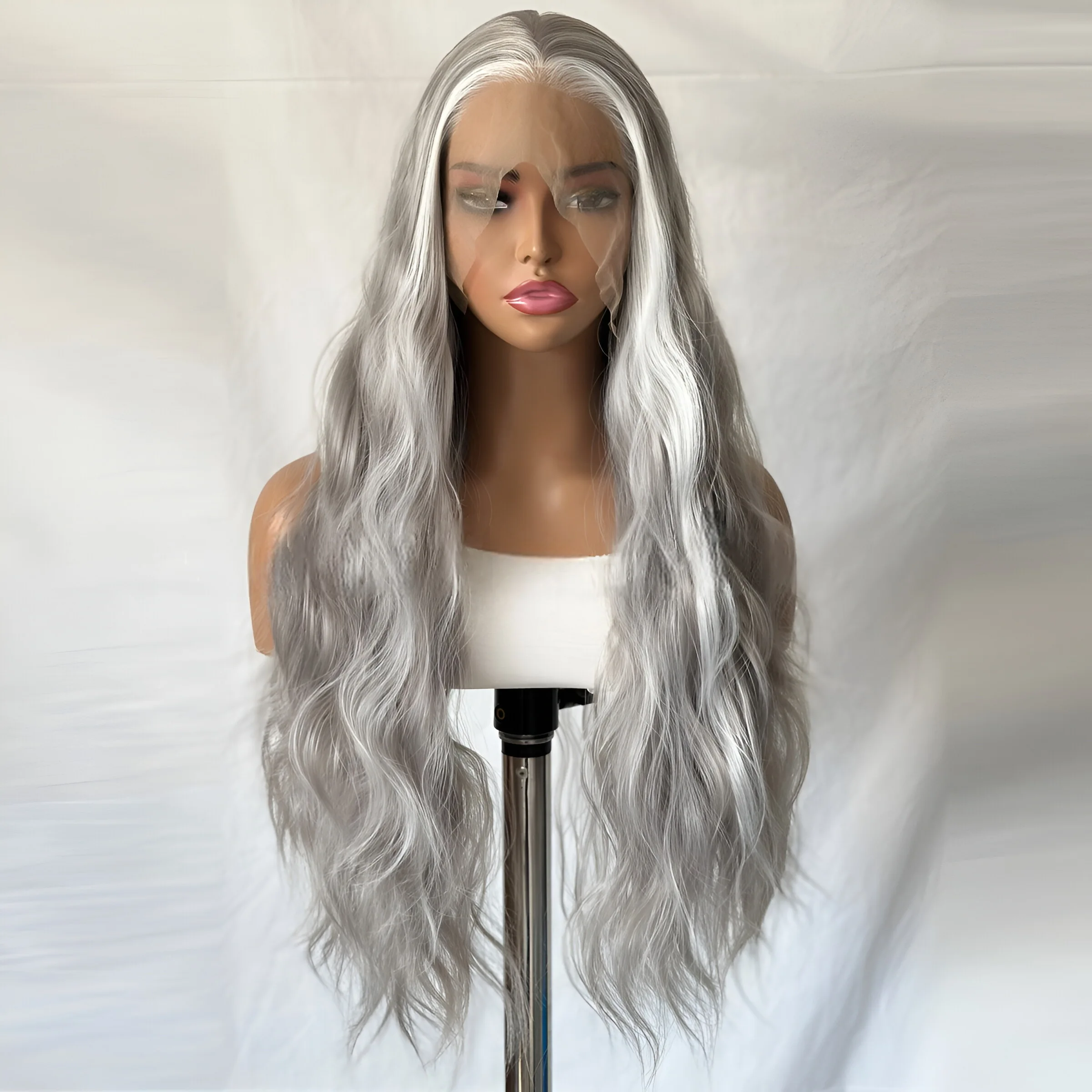 Lace Front Wig Highllights Grey Long Synthetic Frontal Lace Wig Women