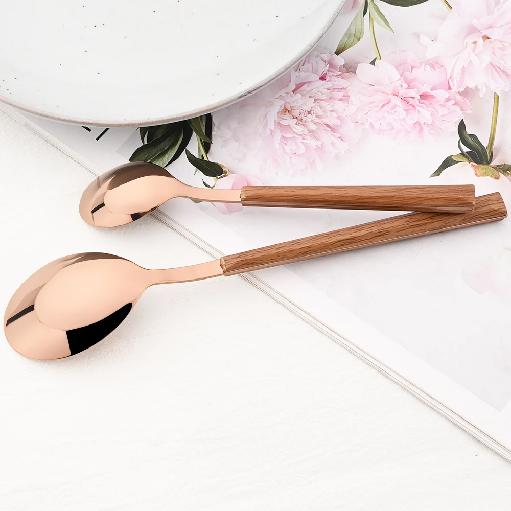 6Pcs Wood Handle Cutlery Set Steak Knife Fork Tea Spoon Chopsticks Dinnerware Stainless Steel Tableware Western Kitchen Flatware