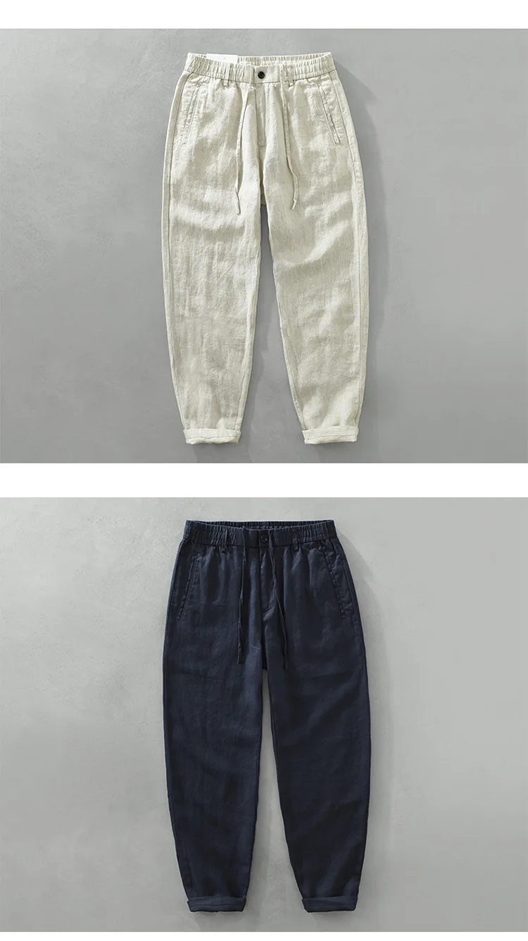 Men's linen casual pants, drawstring elastic waist, loose and breathable linen beach trousers