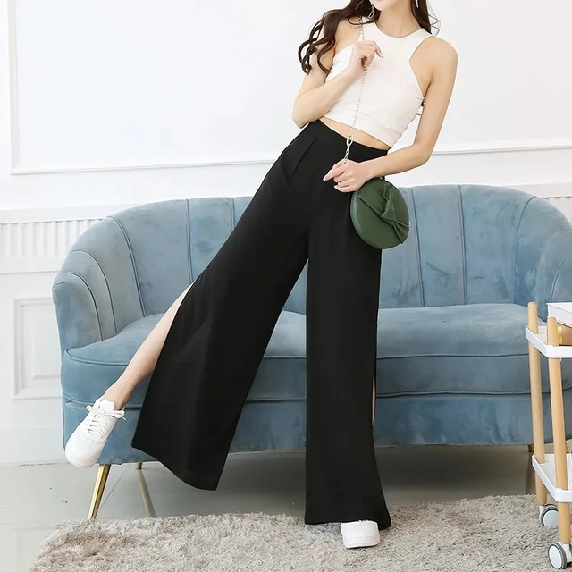 Side Slit Chiffon Wide Leg Pants Women Summer New Harajuku High Waist  Casual Pantalones De Mujer Fashion Loose Black Trousers - Pants u0026 Capris -  AliExpress