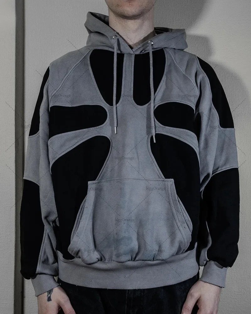 

2024 American Fashion High Street Clothing Spliced Pullover Hoodie Men Y2k Harajuku Retro Casual Oversized Sweatshirt Women