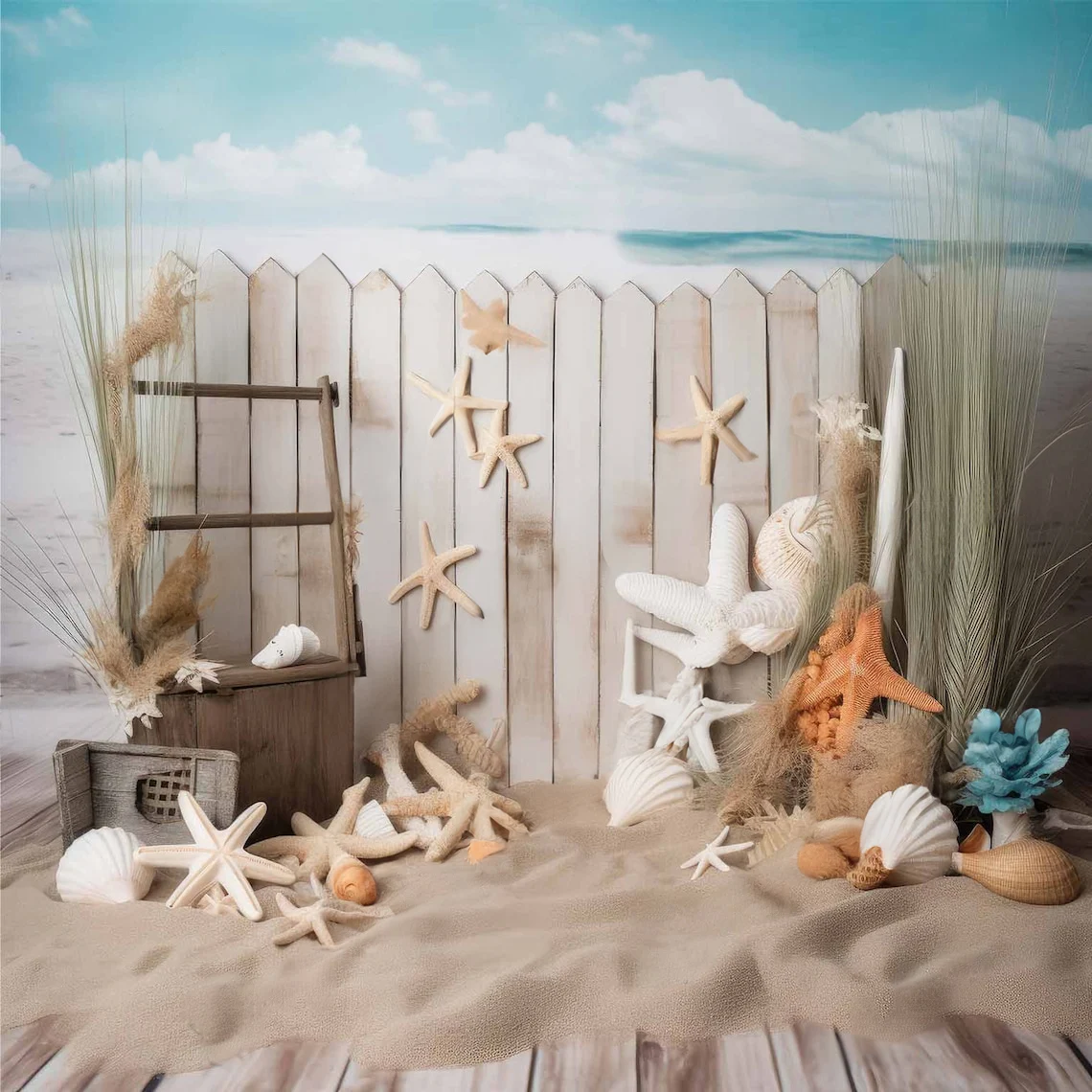 Sunny Sand Sea Beach Baby Surf Ombrello Starfish Tropical Rustic Backdrops Neonato Studio Fotografico Sfondi