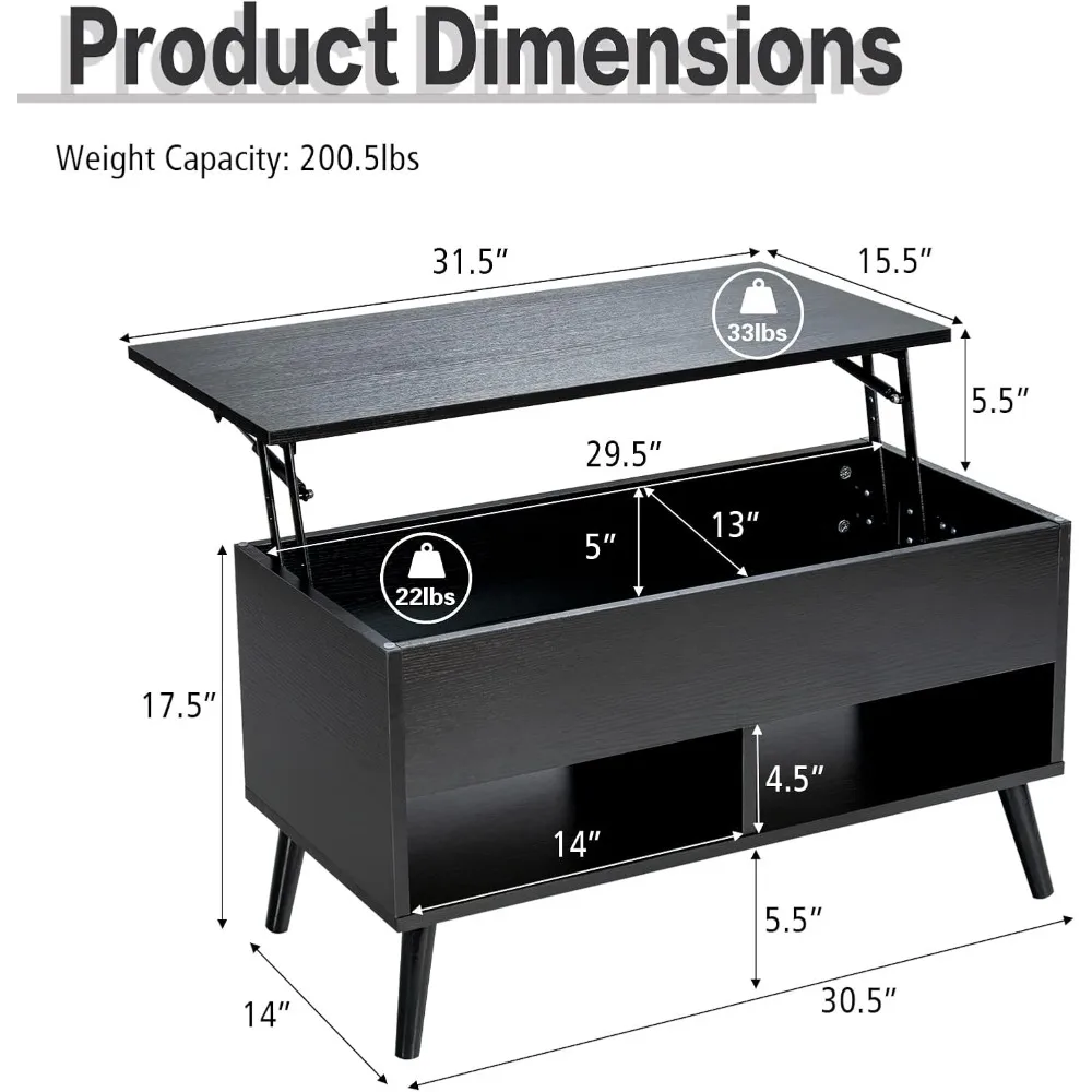 Lift Top Coffee Table, Wooden Lift Tabletop Dining Table with Hidden Storage & 2 Open Shelves, Metal Hydraulic Lifting Device 3