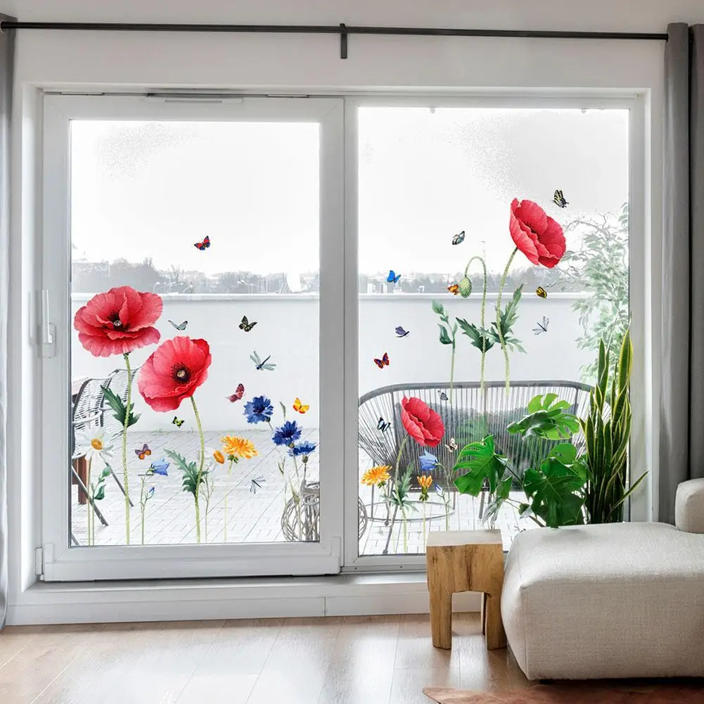 

2Pcs Red Flower Butterfly Wall Sticker PVC Electrostatic Paste Window Glass Paste Double Sided Visible Decorative Wall Decal