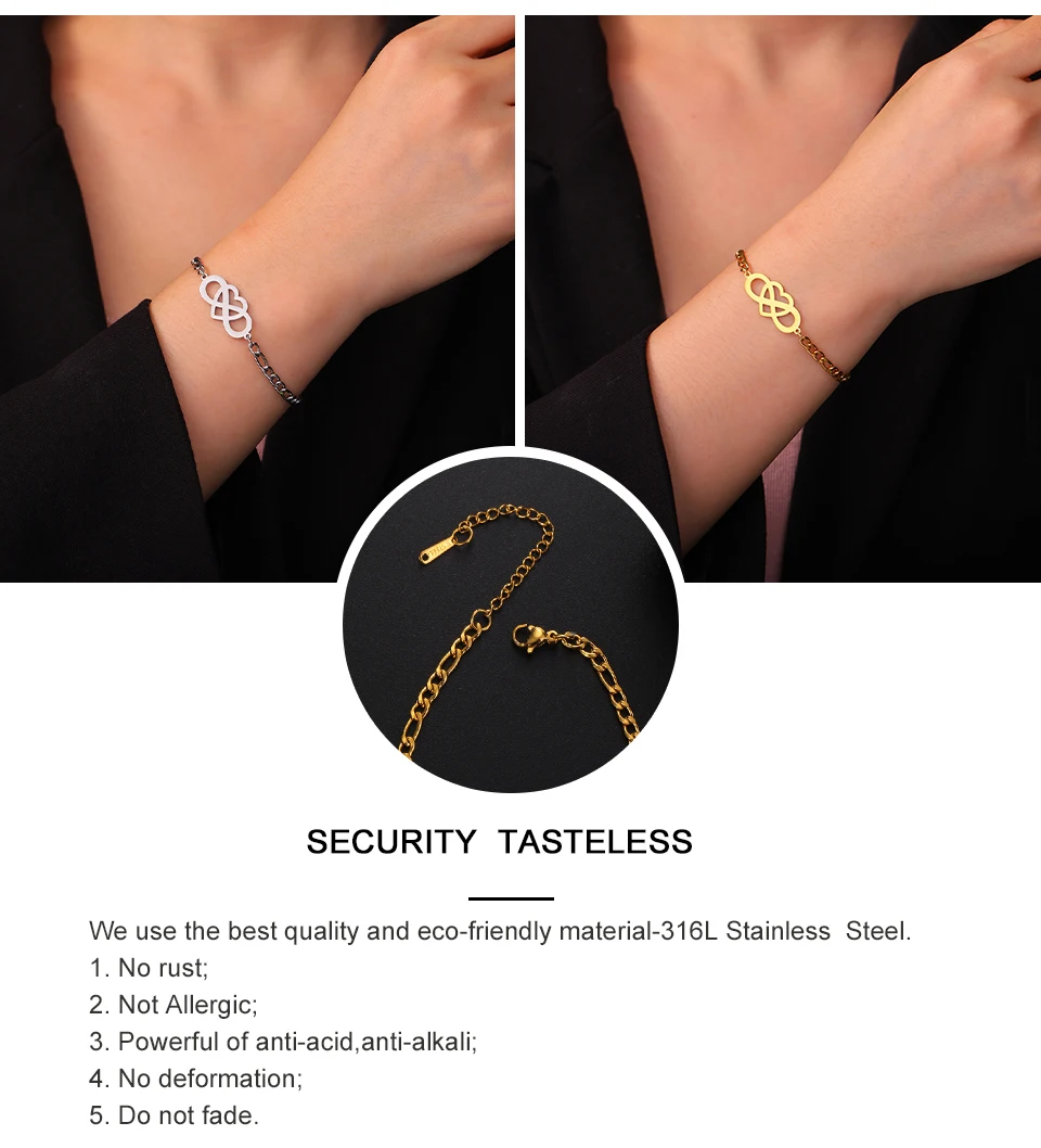 My Shape Unendlichkeit Symbol Charms Armbänder Frauen Edelstahl Gold Farbe Figaro Kette Herz Liebe Anhänger Kpop Modeschmuck – Detail 6