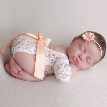 2pcs Newborn Photography Props Baby Girls Lace Rompers Headband Photo Shoot 3