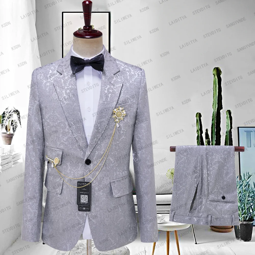 

SILIWEYA 2024 New Arrival Men Suits Gray Wedding Tuxedo for Groom Satin Lapel Groomsmen Wedding Best Man ( Jacket+Pants )