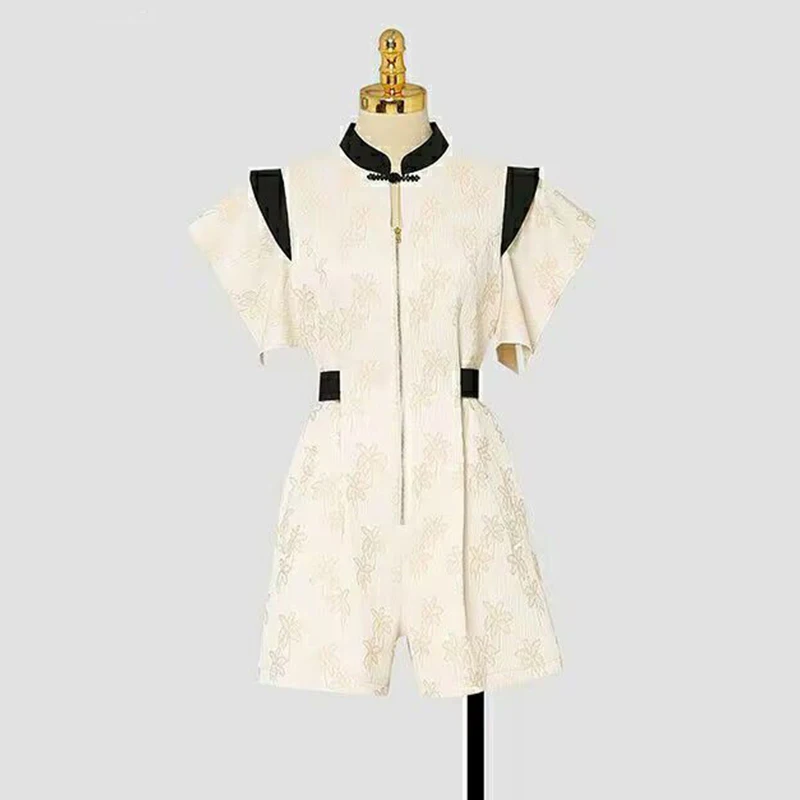 summer new stand collar elegant fashion ruffles patchwork playsuit female chinese style short sleeve patchwork jumpsuit women