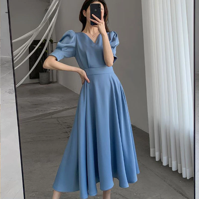 

2023 Summer Elegant Dress Fashion French Hepburn Short Puff Sleeve V Neck A Line Ruffle Office Lady Midi Blue Dresses Vestido