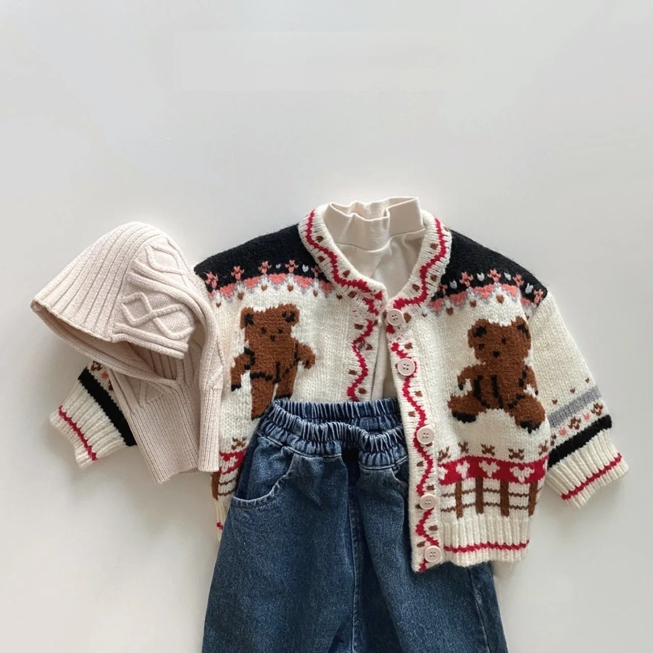 3797C Ins Korean Children Knitted Sweater Autumn Winter Cotton Soft Fashion Bear Knitted Boy's Cardigan Girl Sweater Coat baby girls sweater cashmere sweater
