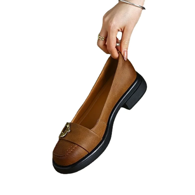 Spring Summer Retro Classic Working Casual Women Pumps Low Heels High Quality Genuine Leather New Chain Shoes Woman 2022 NEW