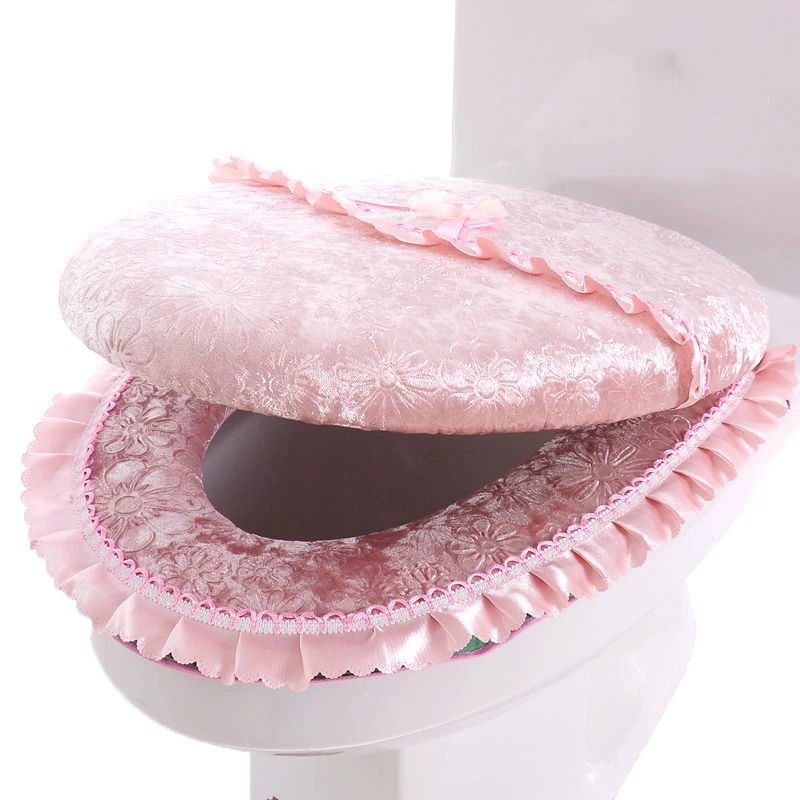 Gold Velvet Thicken Toilet Seat Cushion Zipper Design Waterproof Toilet Mat Solid Color Seat Cover Autumn Winter 2 Pc/Set