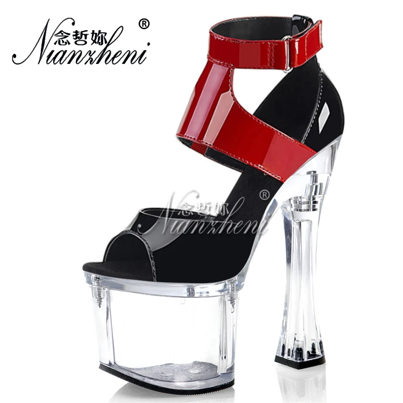 

Peep Toe Super High Heels 18cm Coarse Heel Platform Red Strip Pole Dance Retro Gothic Sexy Fetish 15cm Nightclub Catwalk Cross