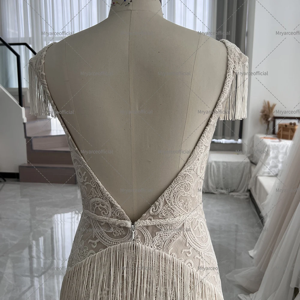 Mryarce Vintage Spitze A-Linie High Low Bohemian Brautkleid mit Quasten – Detail 7