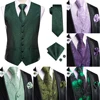 Dark Green Silk Men Vest Tie Elegant Solid Dress Sleeveless Jacket 4PC Hanky Cufflink Paisley Suit Waistcoat Wedding Gift Hi-Tie 1
